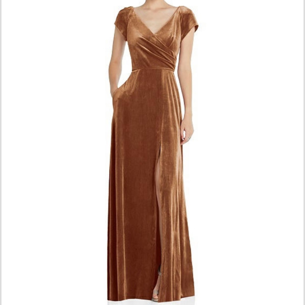 Thread Cap Sleeve Faux Wrap Velvet Maxi Dress in Golden Almond